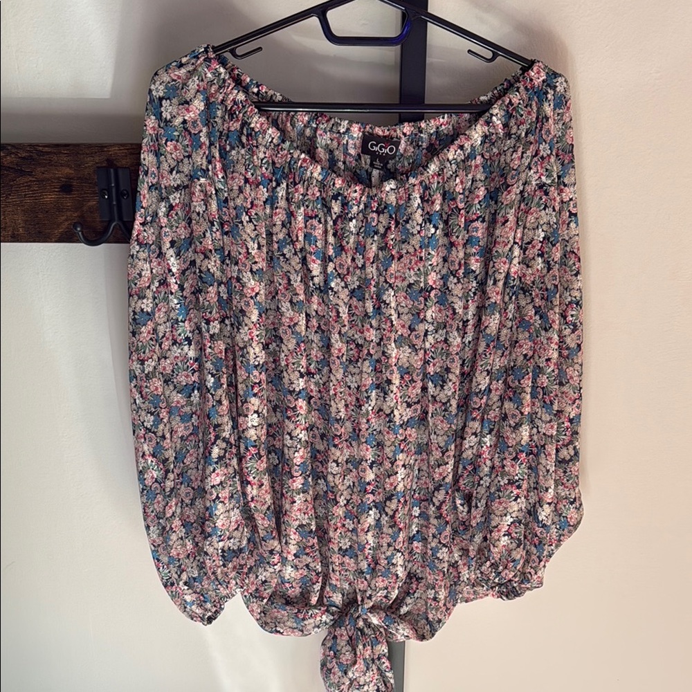 Relaxed Pink and Blue Tie Front 3/4 Sleeve Blouse